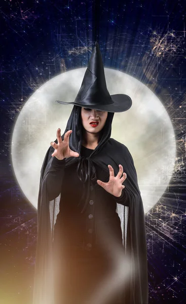 Portrait Woman Black Scary Witch Halloween Costume Magic Lights Big — Stock Photo, Image