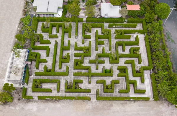 Aerial view of Garden Decoration is a maze with Green leaves wall fence with concrete bush or shrub trimming