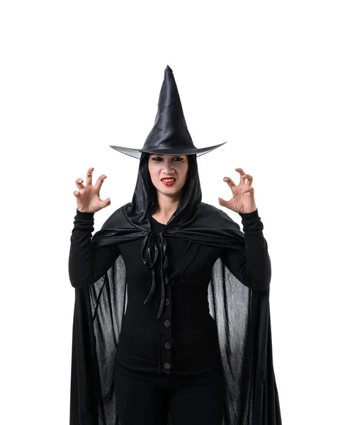 Retrato Mujer Traje Halloween Bruja Miedo Negro Pie Con Sombrero — Foto de Stock
