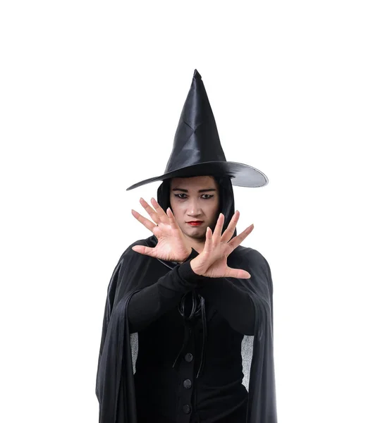 Portrait Woman Black Scary Witch Halloween Costume Standing Hat Mutter — Stock Photo, Image