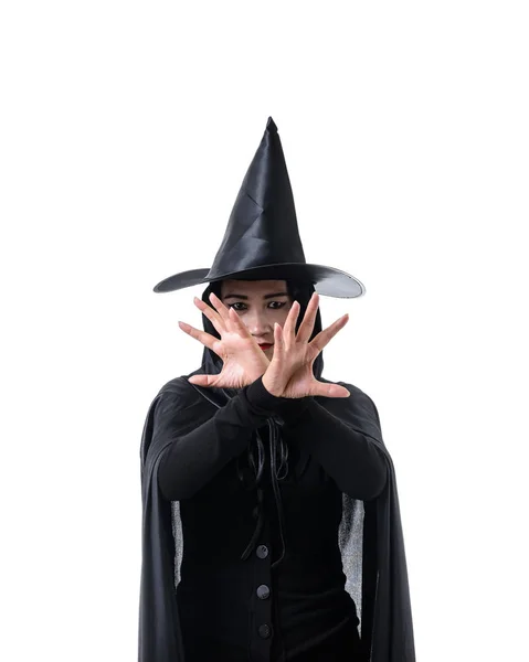 Ritratto Donna Costume Nero Spaventoso Strega Halloween Piedi Con Cappello — Foto Stock