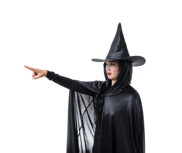 Portrait Woman Black Scary Witch Halloween Costume Standing Hat Pointing Stock Picture