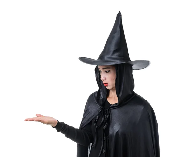 Portrait Woman Black Scary Witch Halloween Costume Standing Hat Open Stock Photo