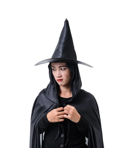 Portrait Woman Black Scary Witch Halloween Costume Standing Hat Isolated Stock Image