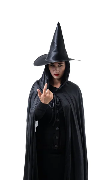 Retrato Mujer Traje Halloween Bruja Miedo Negro Pie Con Sombrero — Foto de Stock