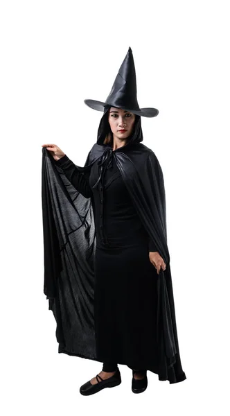 Retrato Mujer Traje Halloween Bruja Miedo Negro Pie Con Sombrero — Foto de Stock