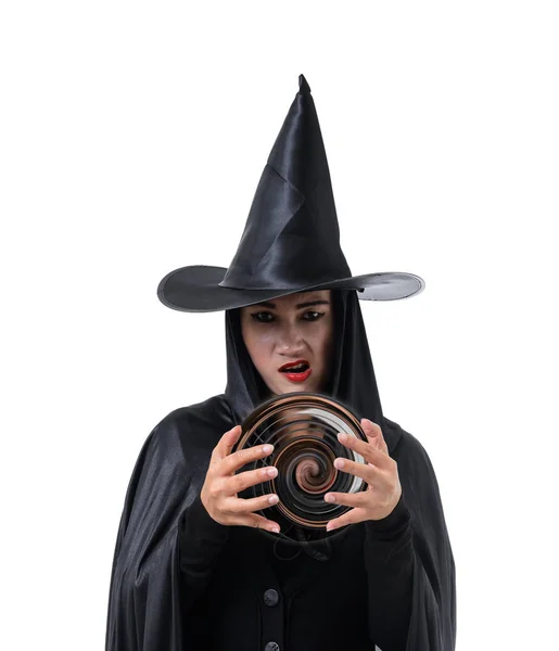 Portrait Femme Noir Effrayant Costume Sorcière Halloween Debout Avec Chapeau — Photo