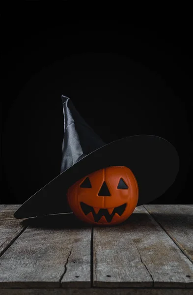 Sfondo Halloween Con Zucche Cappello Strega Sfondo Pavimento Legno — Foto Stock