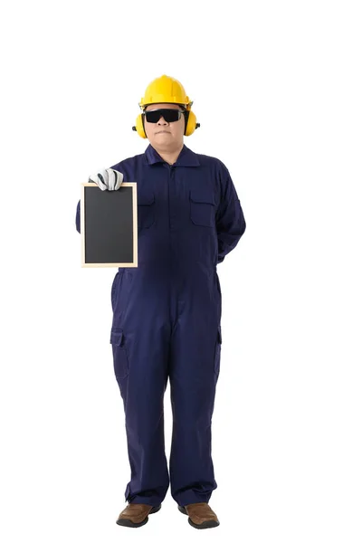 Full Body Portrait Worker Mechanic Jumpsuit Helmet Earmuffs Protective Gloves — Stock Photo, Image