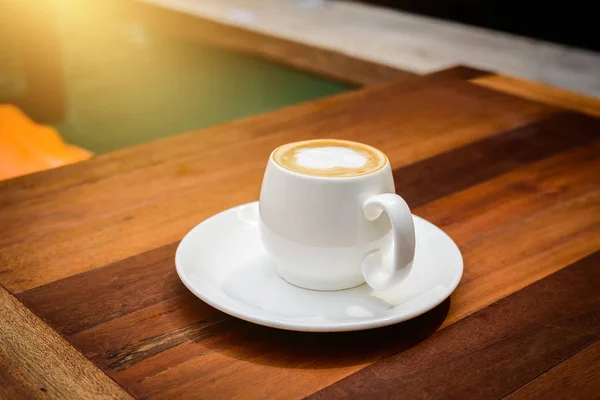 Cup Coffee Hot Latte Wooden Table Coffee Shop Copy Space — Stock Photo, Image