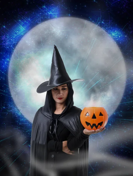 Portrait Woman Black Scary Witch Halloween Costume Holding Halloween Pumpkin — Stock Photo, Image