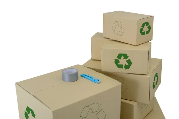 Cardboard Boxes Recycle Sign Different Sizes Stacked Boxes Isolated White — Stock Photo, Image