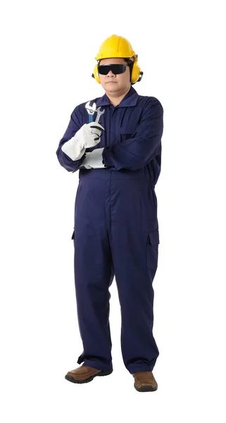 Portrait Worker Mechanic Jumpsuit Holding Wrench Helmet Earmuffs Protective Gloves — Stock Photo, Image