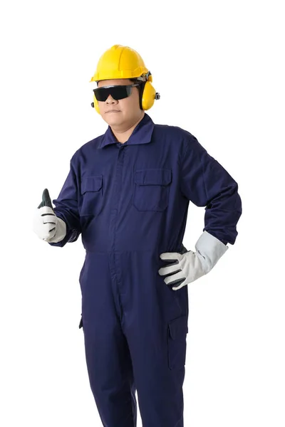 Retrato Trabajador Traje Mecánico Con Casco Orejeras Guantes Protectores Gafas —  Fotos de Stock