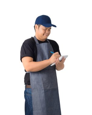 emir alan ve izole kırpma yolu ile beyaz arka plan üzerinde notu oluşturma garson