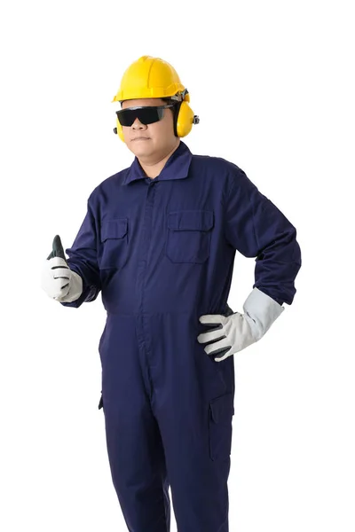 Portrait Worker Mechanic Jumpsuit Helmet Earmuffs Protective Gloves Safety Goggles — Stock Photo, Image