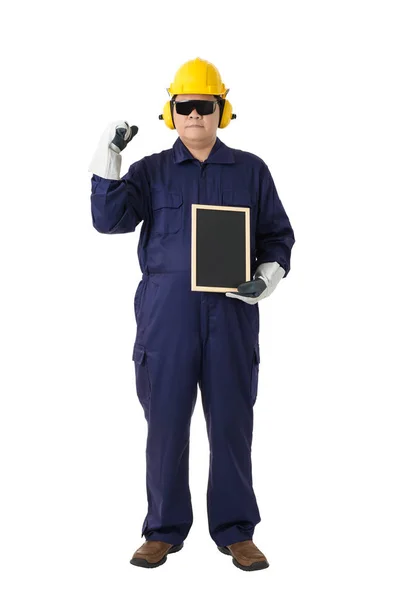 Ganzkörperporträt Eines Arbeiters Mechanischen Overall Mit Helm Ohrenschützer Schutzhandschuhen Und — Stockfoto