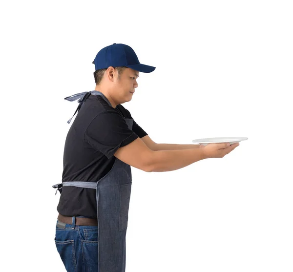 Side View Waiter Holding Empty White Plate Isolated White Background — Stock Photo, Image