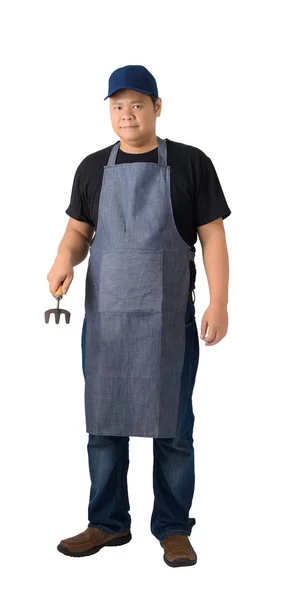 Full Body Portrait Worker Man Serviceman Black Shirt Apron Holding — Stock Photo, Image