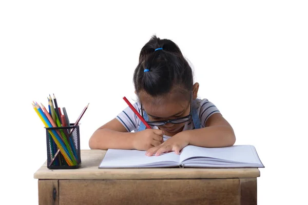 クリッピング パスと白い背景に分離された色鉛筆で描くアジア子供女の子 — ストック写真