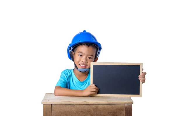 Aziatische Kinderen Dragen Van Veiligheidshelm Lachend Met Schoolbord Geïsoleerd Een — Stockfoto