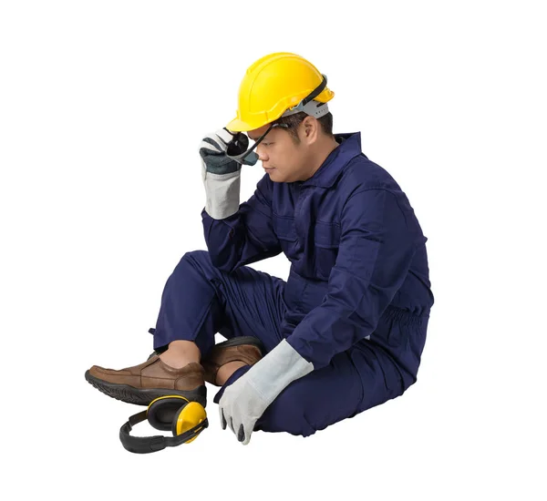 Worker Mechanic Jumpsuit Helmet Earmuffs Protective Gloves Safety Goggles Sitting — Stock Photo, Image