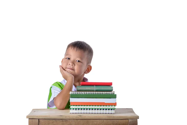 Retrato Sorrindo Pouco Estudante Asiático Menino Com Muitos Livros Educação — Fotografia de Stock