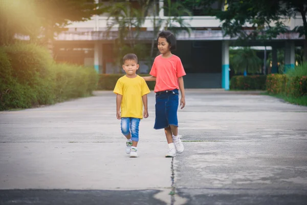 Fond Flou Petits Frères Sœurs Asiatiques Marchent Main Dans Main — Photo