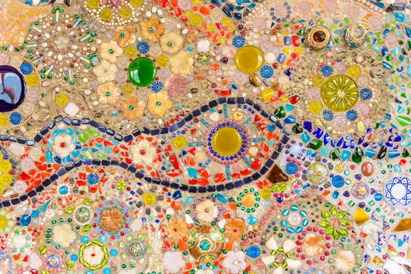 Närbild Bakgrund Handarbete För Fancy Färgglada Keramiska Dekorerade Väggen Buddhismen — Stockfoto