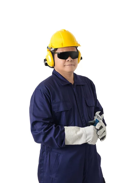 Portrait Worker Mechanic Jumpsuit Holding Wrench Helmet Earmuffs Protective Gloves — Stock Photo, Image