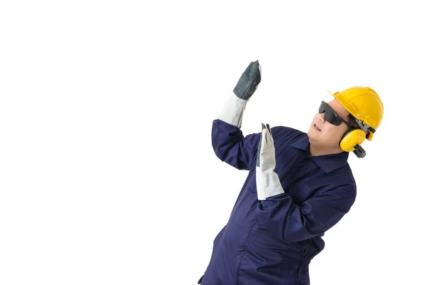 Retrato Trabajador Traje Mecánico Con Casco Orejeras Guantes Protectores Gafas —  Fotos de Stock