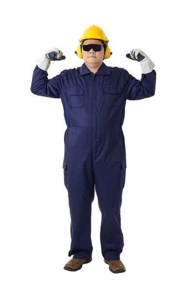 Retrato Corpo Inteiro Trabalhador Macacão Mecânico Com Capacete Auriculares Luvas — Fotografia de Stock