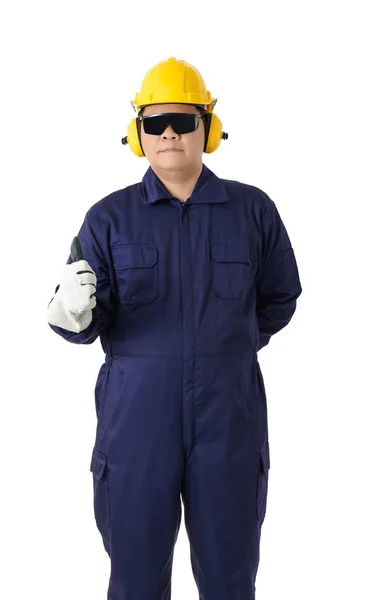 Portrait Worker Mechanic Jumpsuit Helmet Earmuffs Protective Gloves Safety Goggles — Stock Photo, Image