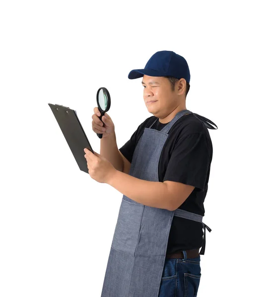 Worker Man Serviceman Black Shirt Apron Holding Clipboard Use Magnifying — Stock Photo, Image