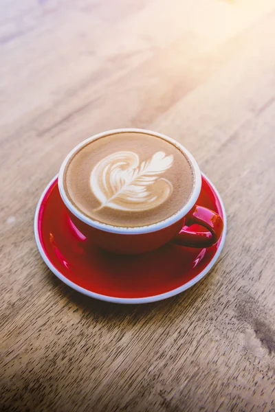 Closeup Image Red Cup Hot Latte Coffee Latte Art Wooden — Stock Photo, Image