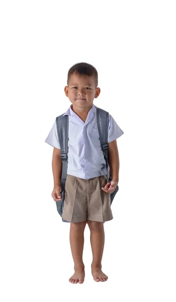 Frente Vista Retrato Asiático País Menino Escola Uniforme Com Mochila — Fotografia de Stock