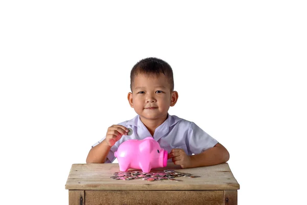 Bonito Ásia País Menino Escola Uniforme Colocando Moedas Porquinho Banco — Fotografia de Stock