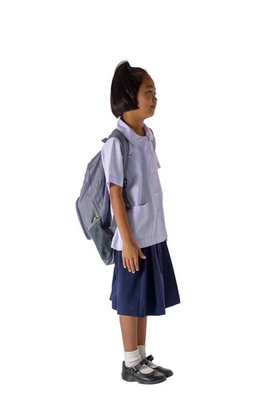 Lado Vista Retrato Ásia Menina Escola Uniforme Com Mochila Isolado — Fotografia de Stock