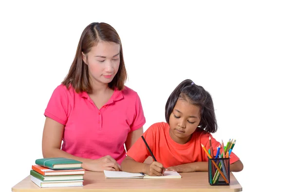 Young Teacher Helping Child Writing Lesson Mother Daughter Learning Write — Stock Photo, Image