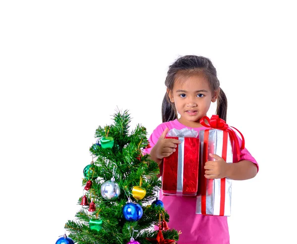 Niño Asiático Feliz Celebración Regalos Navidad Con Decoración Del Árbol — Foto de Stock