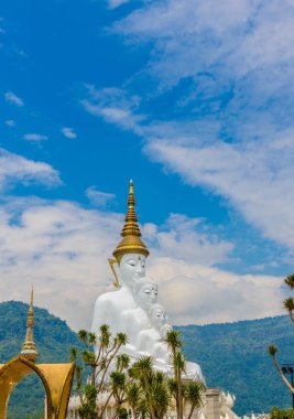 Büyük beyaz beş Buda heykeli: Phetchabun Tayland at Wat Phra ki Pha oğlu Kaew tapınağında