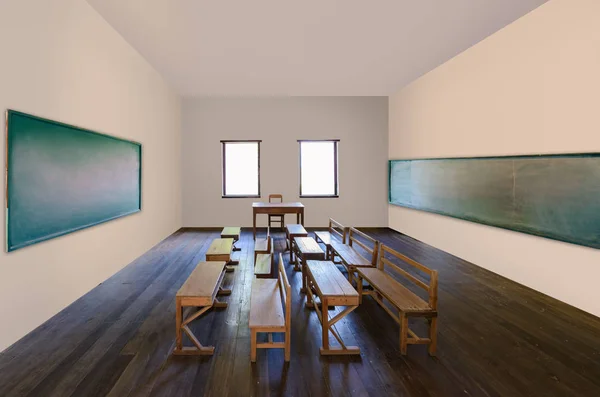 Antikes Klassenzimmer Der Schule Mit Reihen Leerer Holztische Holzstuhl Und — Stockfoto