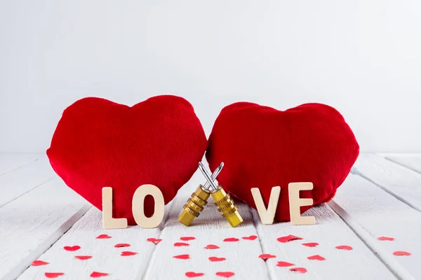 Fond Saint Valentin Avec Forme Coeur Rouge Lettres Bois Mot — Photo