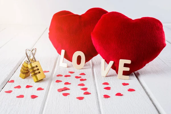 Dia Dos Namorados Fundo Com Forma Coração Vermelho Letras Madeira — Fotografia de Stock