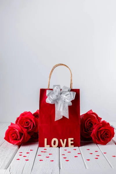 Valentines Background Red Rose Heart Shape Gift Bag Wooden Letters — Stock Photo, Image