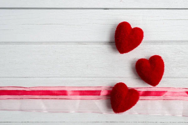 Valentines Day Background Heart Shape Ribbon White Wooden Table — Stock Photo, Image