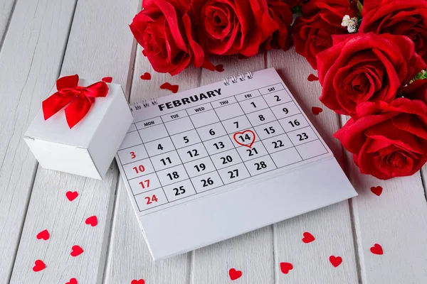 Calendar Page Red Hand Written Heart Highlight February Saint Valentines — Stock Photo, Image