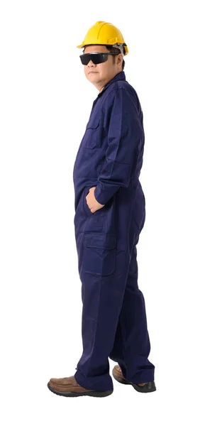 Full Body Portrait Worker Mechanic Jumpsuit Helmet Safety Goggles Isolated — Stock Photo, Image