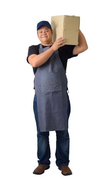 Full Body Portrait Delivery Man Black Shirt Apron Holding Boxes — Stock Photo, Image