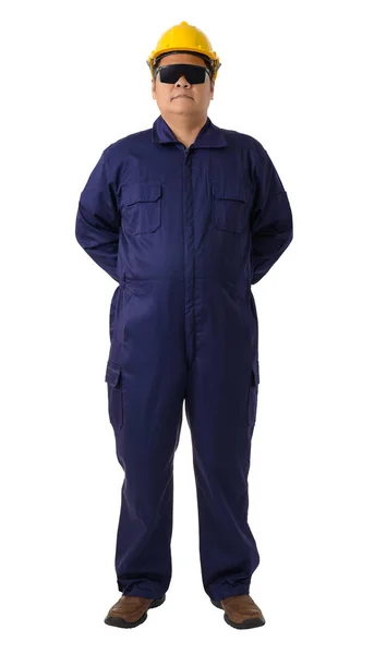 Full Body Portrait Worker Mechanic Jumpsuit Helmet Safety Goggles Isolated — Stock Photo, Image